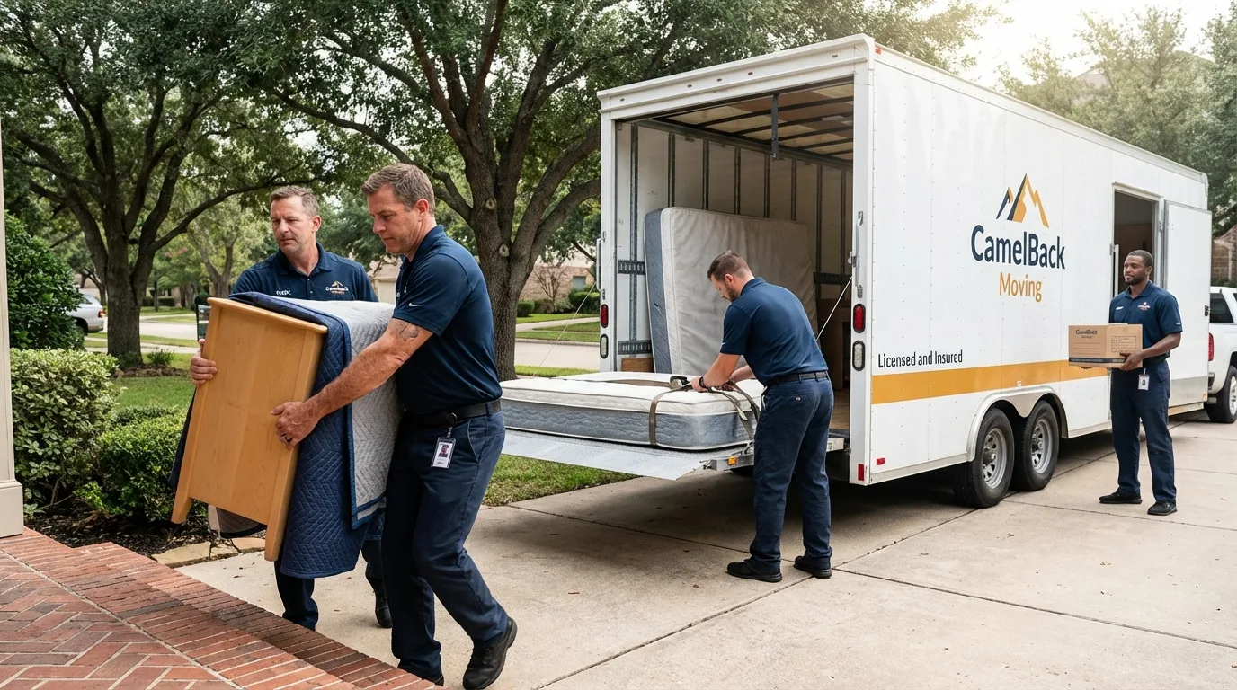 Crew loading residential truck for cross-state move from Lucerne, CA