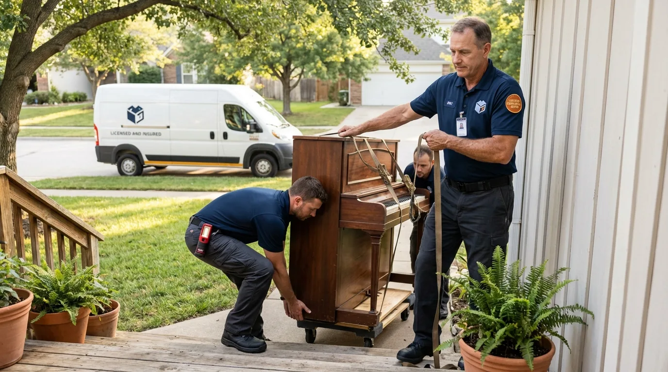 Licensed piano movers securing grand piano in Lucerne, CA