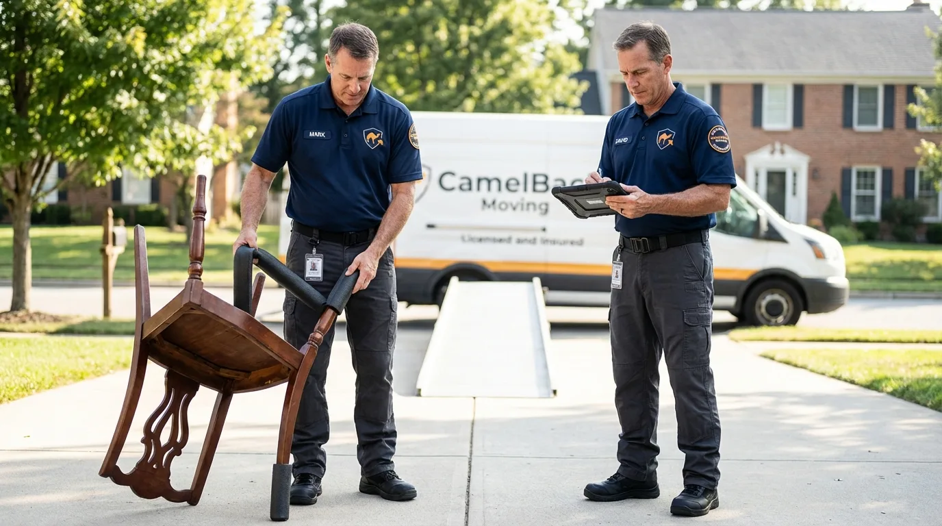 Movers inspecting furniture for damage prevention before loading in Lucerne, CA