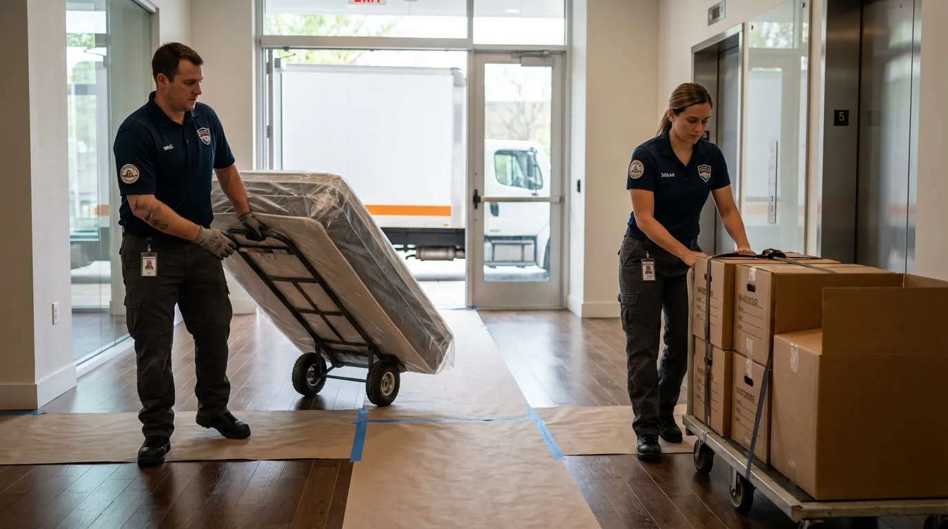 Professional apartment movers loading elevator in Lucerne, CA
